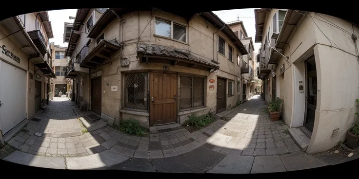 Equirectangular 360-degree panorama view photo with left and right ends seamlessly connected, Alley