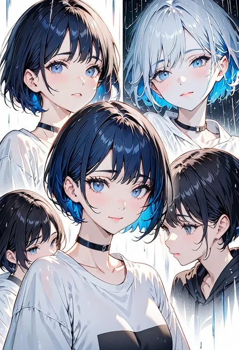 masterpiece, Highest quality, ((Pure white background)), Persistence, rain、Slim short bob woman, Blue Hair, Black eyelashes, Black eyebrows, Cold Face, White skin, Black T-shirt, Black choker around the neck、Close your right eye、Lift the corners of your mo...