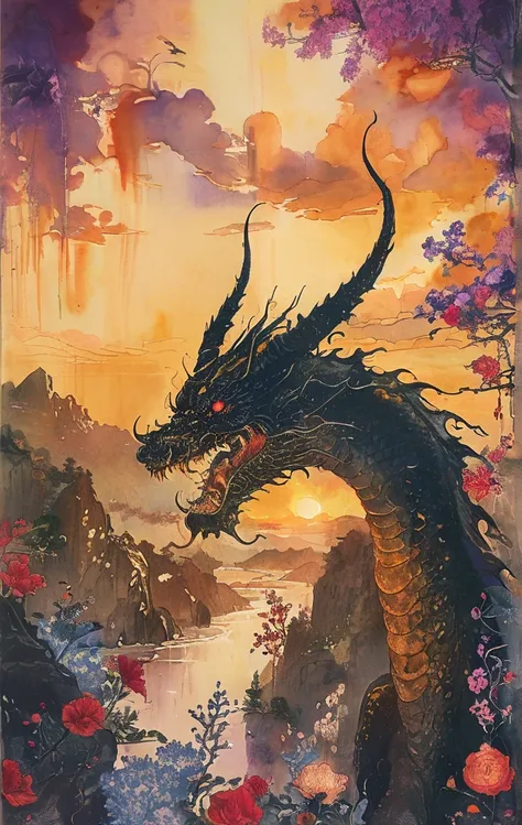 A white dragon lies in the middle of an endless field full of purple flowers, surrounded by snow-capped mountains and a blue sky sparkling with golden sunset rays. The whole scene is filled with a dreamy atmosphere, with vibrant colors and detailed backgro...