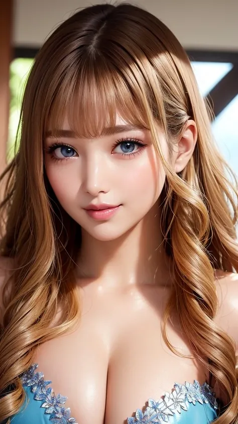 beauty, mystical eyes、big 、super sexy、pale skin、shiny hair、super long hair、loose and fluffy perm、close to blonde、are fat、fat、smi...