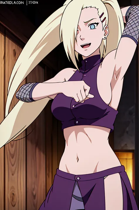 (training), Ino yamanaka, looking at the viewer, from below, ultra detailed face, sunny day, day time, upper body view, anime style, solo, detailed home, blonde, (purple clothes), ((one eye covered with hair, hair over eye)), medium breasts, belly button, ...