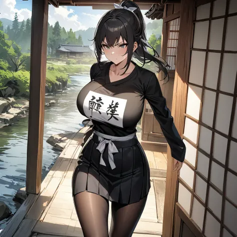 A woman wearing a black shirt with white kanji writing on the shirt, black skirt, transparent black tights, ponytail hair, black hair, long hair, white bow in her hair, serious face, big breasts, walking outside a Japanese house traditional, with trees, an...