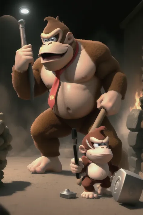 dkong, necktie,1boy,monkey,furry, cinematic portrait of an angry donkey kong holding a giant hammer and charging into an epic ba...