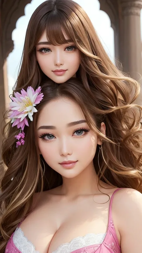 Beauty, Mystical Eyes、Big 、Super sexy、Pale skin、Shiny Hair、Super long hair、Loose and fluffy perm、Close to blonde、Are fat、fat、smile、Heavy makeup、Pink lipstick、Thick lipoisturized lips、Plump、Voluptuous、Indian、spring、Blue sky、White cloud、looking at the camera...