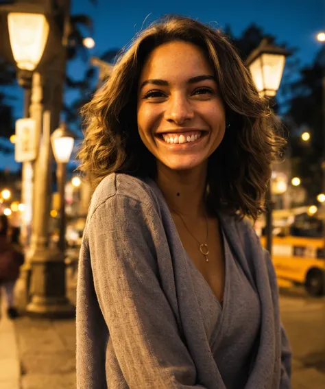 closeup of a smiling woman, city street, nighttime, streetlight, asphalt