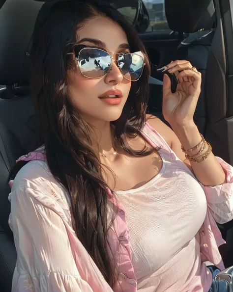 araffe woman with sunglasses and a pink shirt sitting in a car, mia khalifa, violet myers, with sunglasses, wearing versace sung...