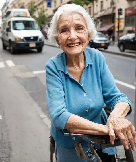 closeup of smiling old woman, city street, daytime, street traffic, asphalt