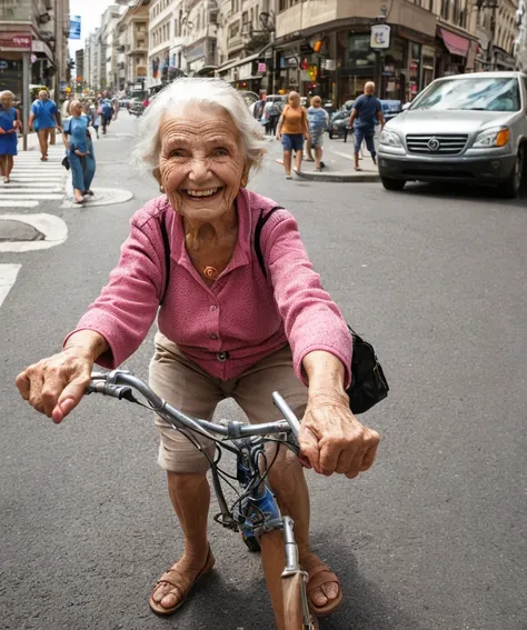 closeup of smiling old woman, city street, daytime, street traffic, asphalt