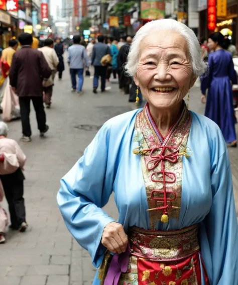 closeup of smiling old woman wearing typical chinese costume for women, city street, daytime, street traffic, asphalt