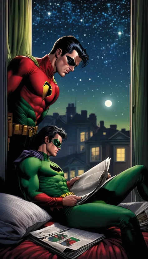 Tim Drake Robin dc superhero character in the  red/green short sleeved Neal Adams robin costume without cape and mask, 
falling asleep reading a Gotham Times newspaper in his bed, 
Bruce Wayne (in his civilian clothes) looks from the outside window door in...