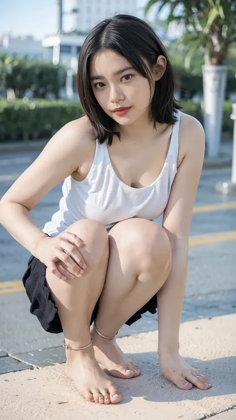 Open shirt, (((Leaning forward))), ((,Round face, Around 17 years old,mini skirt、A loose-fitting tank top)),  Long Hair, , Natural Makeup, Lips become thicker, Sexy Gaze, barefoot, ((Raise one leg)),  Shooting from below,Gentle expression ,((Extremely prec...