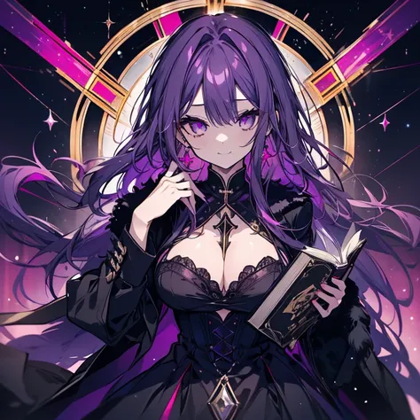 1 girl、Mature、Ample breasts、Long Hair、Purple Hair、Center Part、Black Dress、Long sleeve、Dress with open chest、Fur coat、Long coat、Emerald green earrings、cross tattoo on forehead、Have a thick book、Wine Red Book、Starry Sky、A seductive smile、Night view、Like a je...