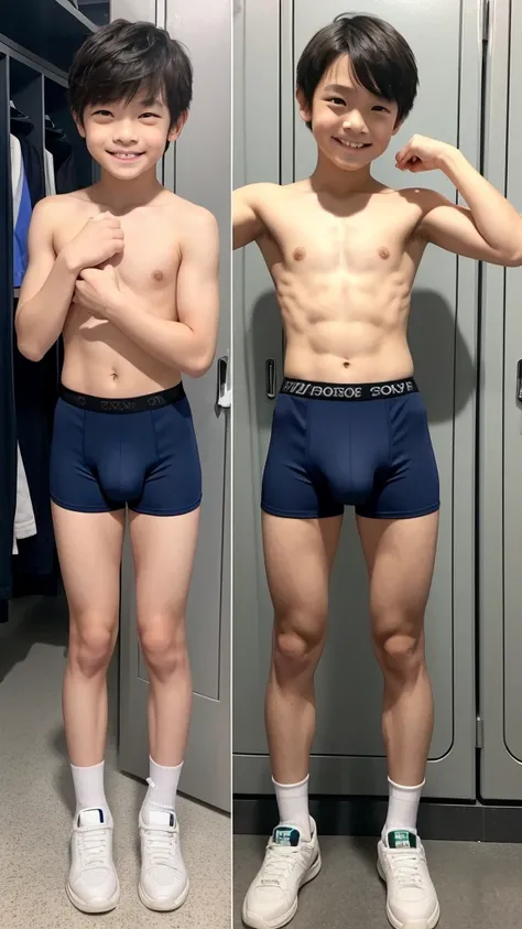 Two Japanese boys、12 years old、very short stature,、Slightly developed muscles and smooth skin、Sporty short hair、Friendly and sociable attitude,、Open your healthy mouth, smile、The active pose and short limbs give the figure a childlike impression..、flashy b...