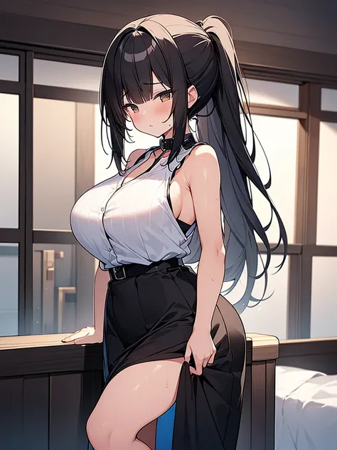 NSFW:1.9 Anime drawings with clear colors, full-body drawings, young wife is a former student council president, one adult woman, having sex:1.9 (Undressing  Pussy Naked)  (White vertical striped sleeveless shirt with collar, one black line, black long ski...