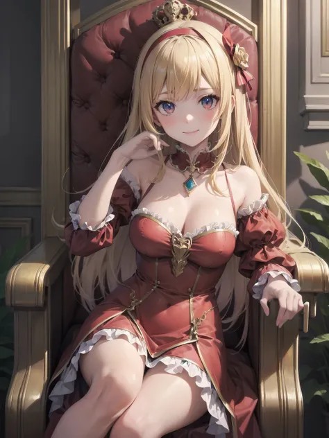 score_9, score_8_up, score_7_up, score_6_up, source_anime, 1girl, solo, defAlexia, long hair, blonde hair, red hairband, brooch, red ballgown, puffy sleeves, frilled sleeves, looking at you, smile, sitting on throne, throne, indoors, stone walls, worried, ...