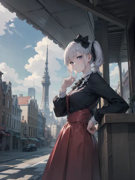 masterpiece、so beautiful、Clear contours、Cute pose of a lolita aristocrat、(building, city, cloudy null, Dutch Angle, From the side, Slight frown, View your viewers, Outdoor, rooftop, null, nullscraper
