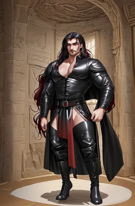 a handsome galician boy with red eyes, long hair, full body view, wearing a black shirt, medieval clothes and leather boots