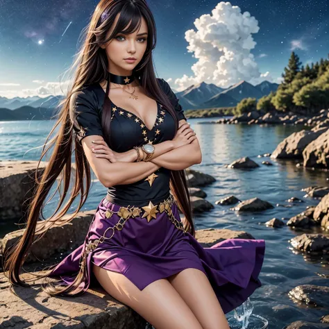 girl, located in the corner, looking at the sky, solo, Mona (Genshin Impact), choker, hair between eyes, star (symbol), long hair, dark purple hair, twintails, blue eyes, shining eyes, jewelry, witch, maid, bangs, purple black dress, purple skirt, white ap...