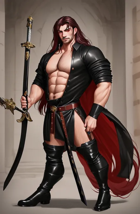 a handsome galician boy with red eyes, long hair, full body view, in a black shirt, medieval clothes and leather sword boots