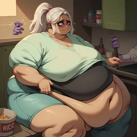 Violet skin all over, small nipples, Thicc, extremely morbidly obese, white hair ((wearing)), white tanktop, black shorts, struggling frown of effort, voluptuous man, feminine boy, femboy, perfect hands, perfect face, smile, (anatomically correct), (Perfec...