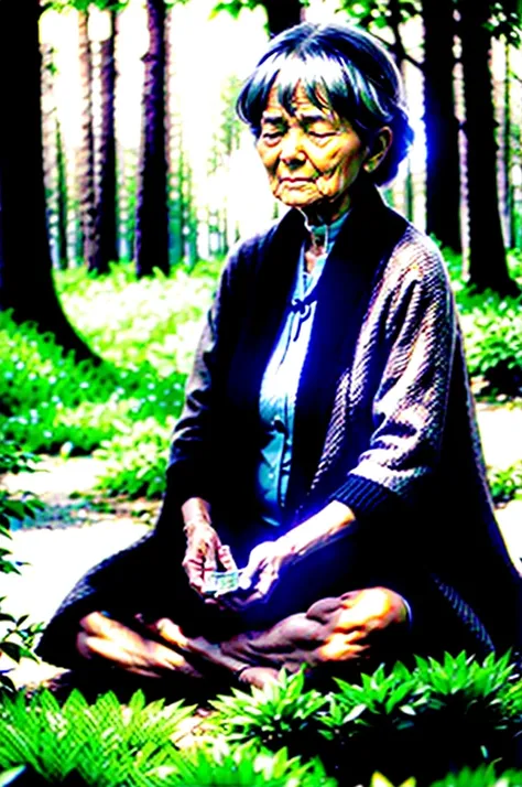 An old lady sitting in the forest meditating with money around her in the ratio 16:9