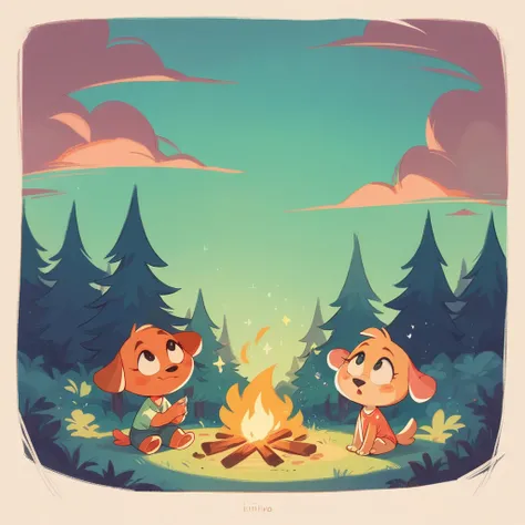 night，Mimi（A little dog）and his friends（A group of small animals in the forest）Sitting around the campfire，Look up at the stars。eat marshmellows