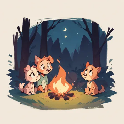 night，Mimi（A little dog）and his friends（A group of small animals in the forest）Sitting around the campfire，Look up at the stars。eat marshmellows