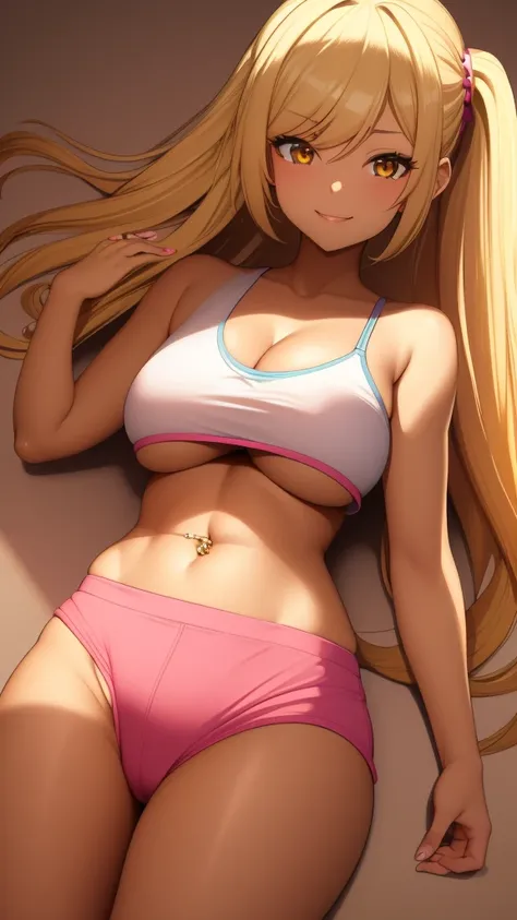 1 girl, golden blonde hair, golden eyes, very tan skin, solo, gyaru, shoulder length hair, high ponytail, curvy, very wide hips, large ass, narrow waist, thick thighs, very huge breasts, Pink crop top, Pink booty shorts, flirty smile, navel piercing, navel...