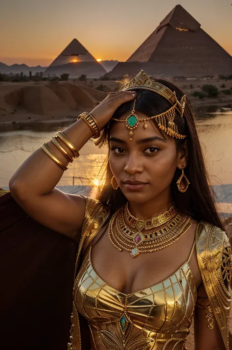 Create a highly detailed and realistic portrait of Queen Nefertari standing next to a golden sarcophagus at sunset. She is adorned in an intricately designed golden dress with emerald detailing, a jeweled headdress and ornate jewelry. The background includ...