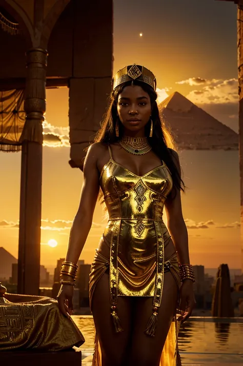 Create a highly detailed and realistic portrait of Queen Nefertari standing next to a golden sarcophagus at sunset. She is adorned in an intricately designed golden dress with emerald detailing, a jeweled headdress and ornate jewelry. The background includ...