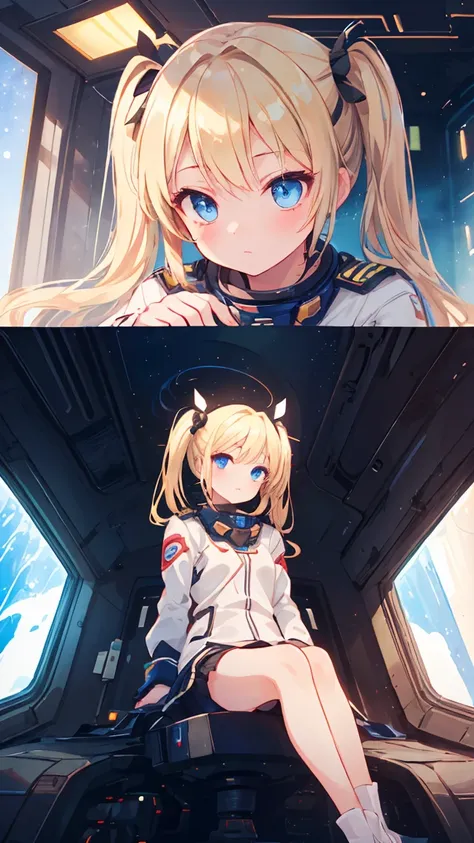 Masterpiece, beautifully detailed eyes,
stunning 4K artwork,
1 girl,
blonde hair, twin tails,
blue eyes,
ultra-realistic, (photorealistic:1.3), RAW photo, professional photography, cinematic lighting, realistic portrait, inside spaceship, sitting in cockpi...