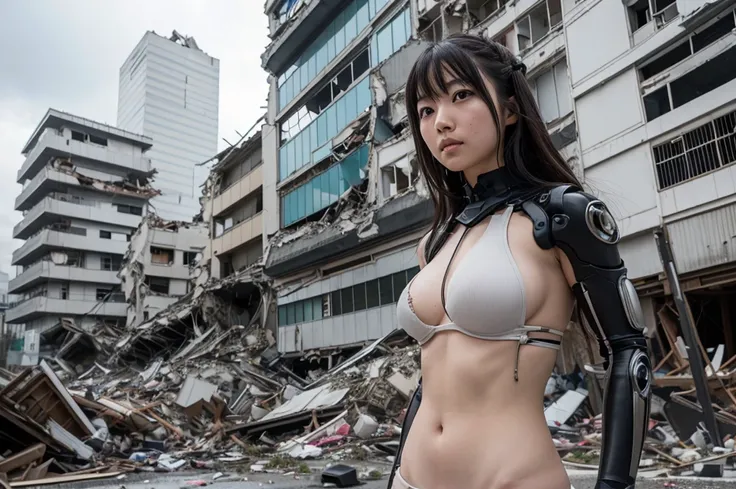 Highest quality,Very sophisticated and beautiful Japanese cyborg girl, A dynamic pose in front of the destroyed low-rise buildings in Kyoto city、 Bionic body with futuristic details. (Dynamic pose in front of a destroyed low-rise building in Kyoto&#39;s ol...