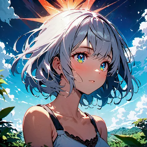 woman， Flowing silver short hair, Eyes of the Universe, Beautiful sky, Beautiful Clouds, In summer，Increased resolution、emotional expression、About life、Hard Life、possibility