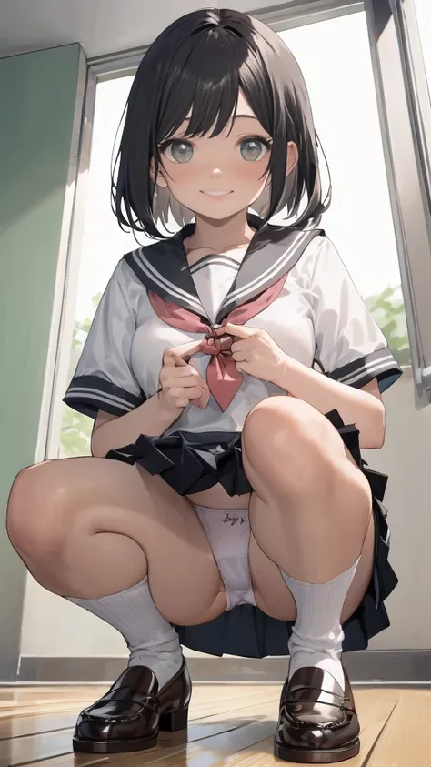 (Realistic, Photo realistic:1.2), ((Highest quality)), Shift the center of gravity backwards, Quite embarrassing, White panties, (Showing panties:1.4),Tight Skirt, (Super Skirt:1.3), (Please lift your skirt:1.3), (Squat:1.4), Place your heels on the ground...