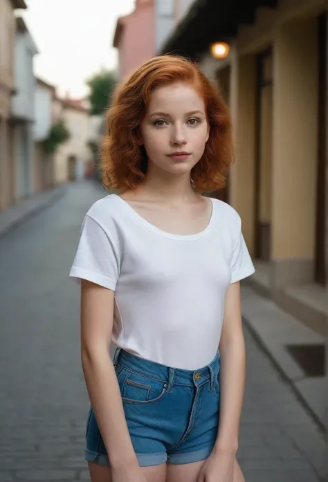 full body shot, a young teen girl poses on a quiet street in a resort town. 13 years old, the girl has extremely detailed eyes, ...