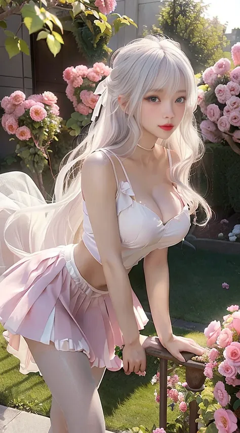 Realistically, high resolution, Soft Lighting,，(1 female 1:1.5), Huge breasts，Radiant skin, Delicate skin, Solitary, Lift your hips slightly, Just looking at the audience, Laugh happily，(Delicate face), White hair, High Ponytail，Pink hair accessories，Long ...