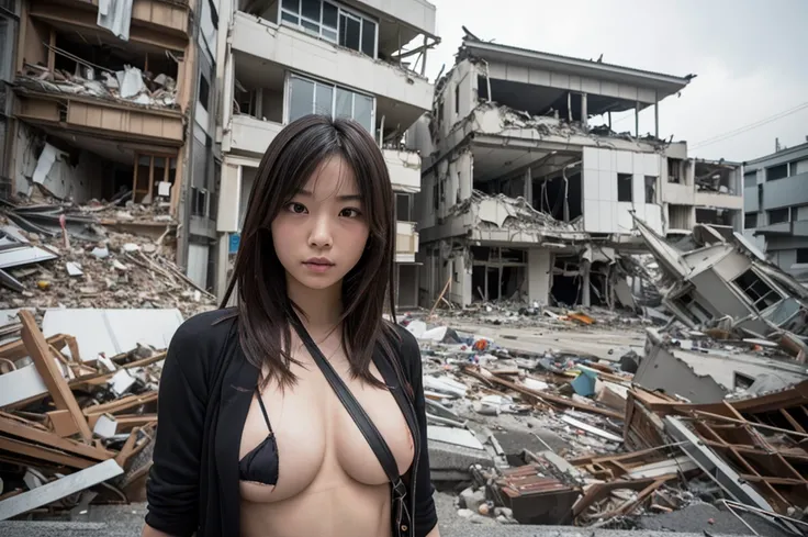 Highest quality,Very sophisticated and beautiful Japanese cyborg girl, A dynamic pose in front of the destroyed low-rise buildings in Kyoto city、 Body with futuristic details. (Dynamic pose in front of a destroyed low-rise building in Kyoto&#39;s old town....