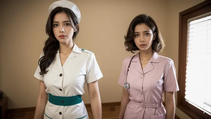 a nurse named Laura, Brazilian woman wearing a vintage nurse uniform, with a worried expression