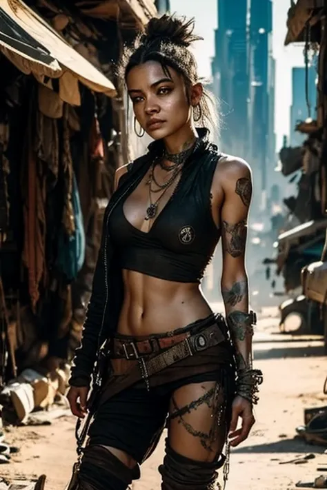 cyberpunk, scavenger, woman in early twenties, dressed in rags, dressed seductively, skimpy clothing