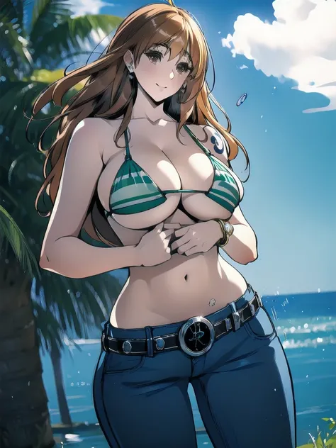 masterpiece, (Realistic:1.5), Highest quality, Beautiful lighting, Real Life, we (one piece),
One girl, Bangles, bangs, Bare shoulders, belt, bikini, bikini top only, blue null, bracelet, chest, Brown eyes, bubble, chestの谷間, cloud, Cowboy Shot, Day, denim,...