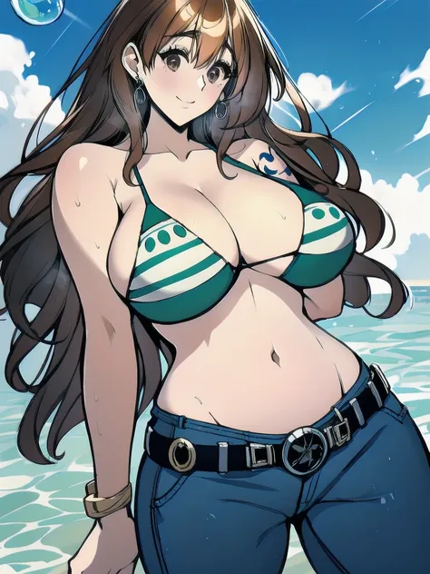 masterpiece, (Realistic:1.5), Highest quality, Beautiful lighting, Real Life, we (one piece),
One girl, Bangles, bangs, Bare shoulders, belt, bikini, bikini top only, blue null, bracelet, chest, Brown eyes, bubble, chestの谷間, cloud, Cowboy Shot, Day, denim,...