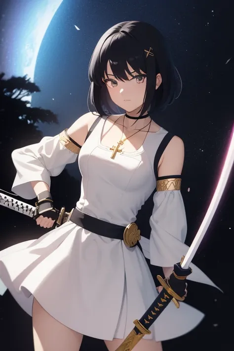 Anime girl holding sword katana white dress holding a sword, anime, short black hair with neon highlights, hair is above shoulder height smooth beautiful, ready to attack, one hand on sword, background of moon 4k, anime art, pendant on hair, cross t neckla...