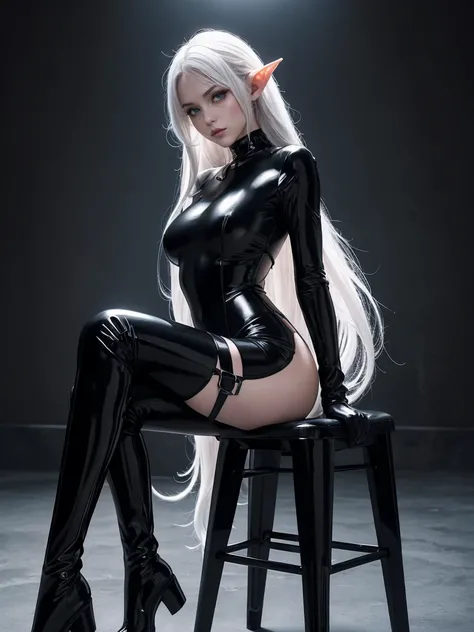 super fine photo, portrait Unreal Engine 5 8K UHD of malicious beautiful girl, sexy, elf, long White hair, Green eyes, crouching in a skin, tight black latex outfit, the whole body is covered with black latex, slick black catsuit, black iconic character, s...