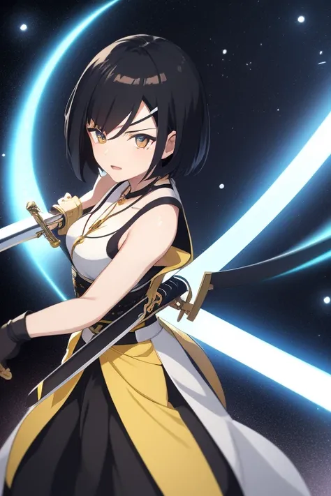 ahegao, Anime girl holding sword katana white dress holding a sword, anime, short black hair with neon highlights, hair is above shoulder height smooth beautiful, ready to attack, one hand on sword, background of moon 4k, anime art, pendant on hair, cross ...