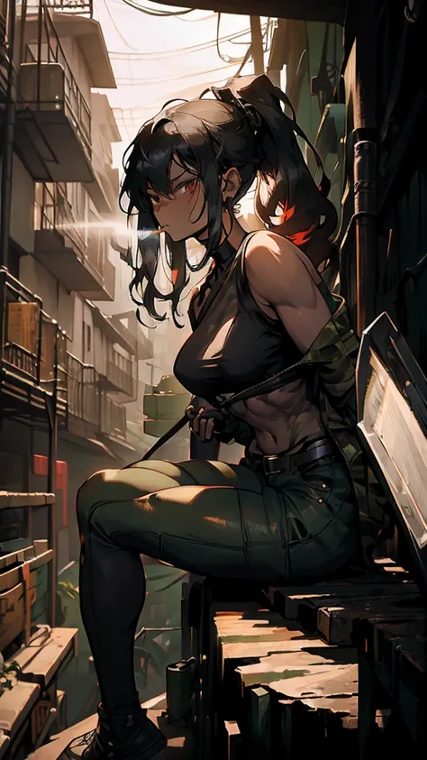 woman, mercenary expression, bullet belt crossing her torso, holding two machetes, camouflage pants, red hair, long ponytail, broken muscles, dark skin, curly hair, pronounced waist, thick thighs, Amazon jungle background, high definition , rtx lighting, f...