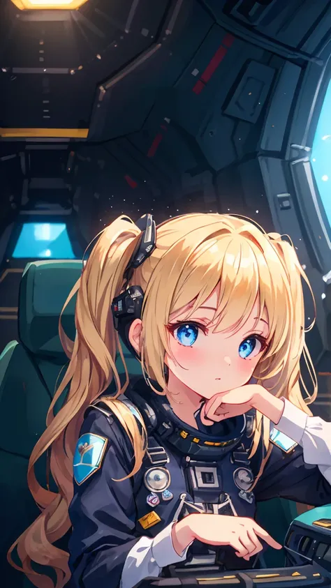 Masterpiece, beautifully detailed eyes,
stunning 4K artwork,
1 girl,
blonde hair, twin tails,
blue eyes,
ultra-realistic, (photorealistic:1.3), RAW photo, professional photography, cinematic lighting, realistic portrait, inside spaceship, sitting in cockpi...