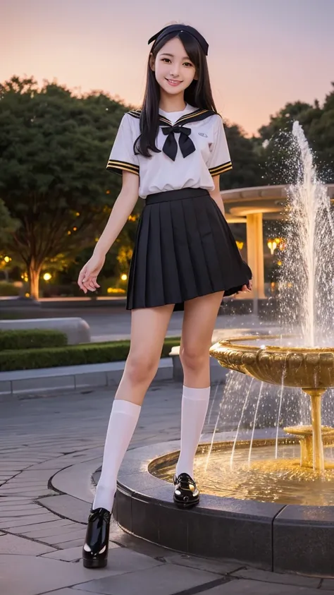 Japanese high school girl smiling young face long black hair straight long black hair gold hairband gold and black short sleeve sailor uniform gold pleated skirt black socks gold high heels standing in front of fountain plaza park nostalgic scenery romanti...