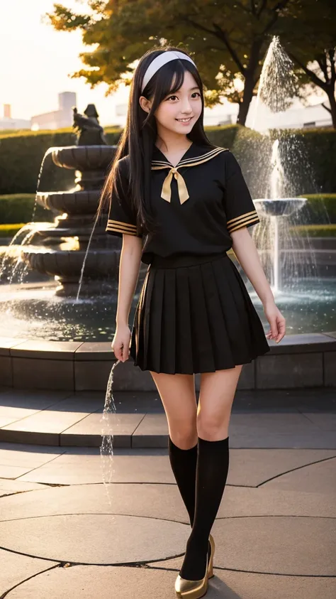 Japanese high school girl smiling young face long black hair straight long black hair gold hairband gold and black short sleeve sailor uniform gold pleated skirt black socks gold high heels standing in front of fountain plaza park nostalgic scenery romanti...