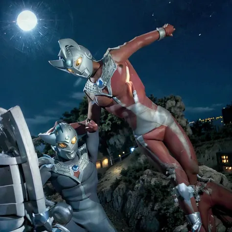 Put arms together and emit rays,40m tall Giant superhero Ultraman Taro,standing on Tokyo Japan,The same size as the building,tall and slim, portrait, fighting pose, photo high quality, realistic photo, night scene,silver helmet, glass hemisphere on chest g...