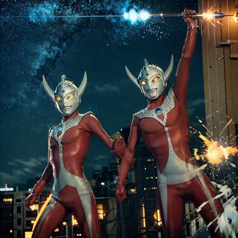 put arms together and emit rays,40m tall giant superhero ultraman taro,standing on tokyo japan,the same size as the building,tal...